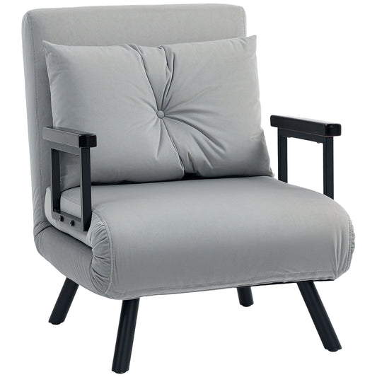 4-in-1 Velvet-Feel Single Chair Bed, with Pillow- Light Grey