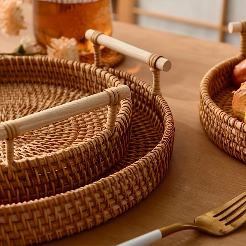 Handmade Rattan Tray – Round Woven Storage Basket with Handles for Tea, Fruit & Decor