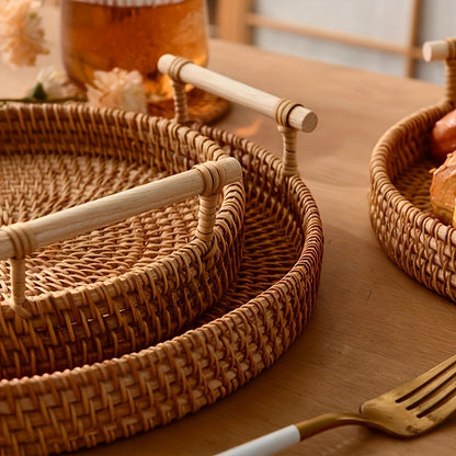Handmade Rattan Tray – Round Woven Storage Basket with Handles for Tea, Fruit & Decor