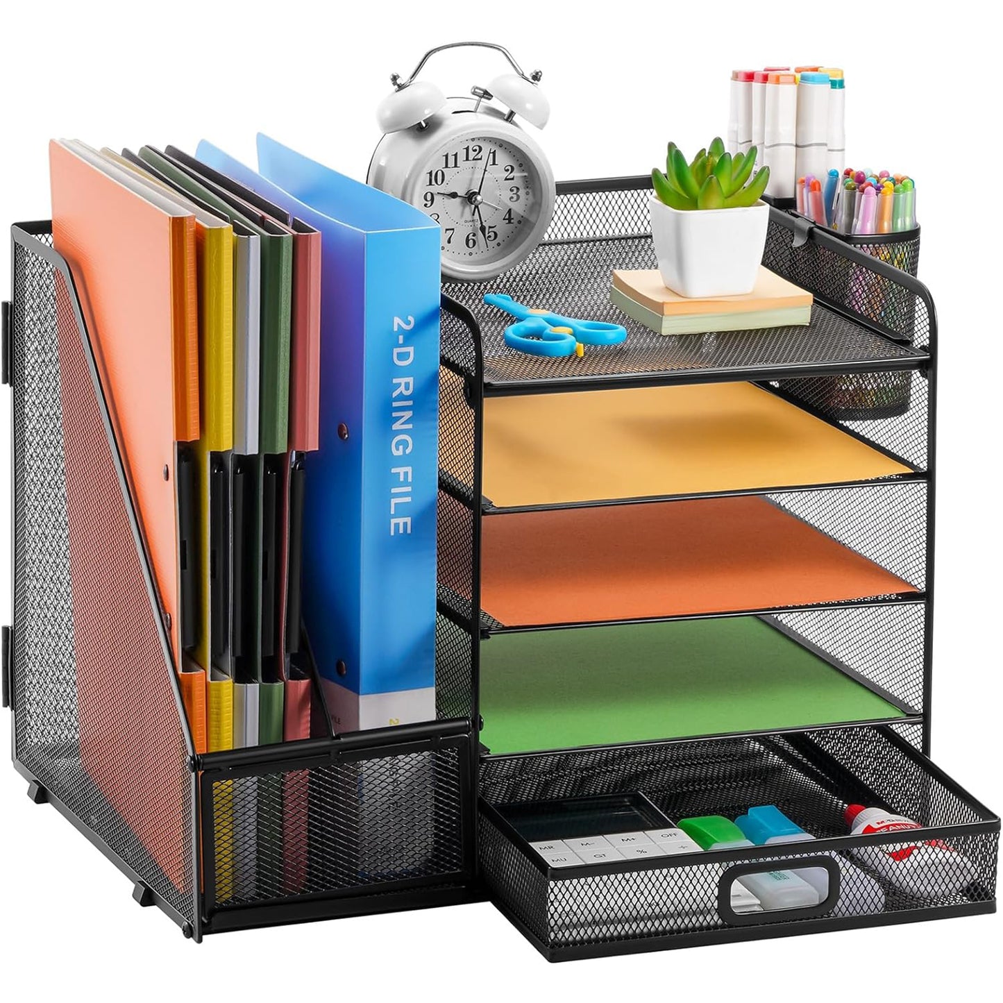 5-Tier Desk Organizer with Drawer & Pen Holders – Metal Mesh File Holder, Paper Letter Tray & Magazine Rack for Office Supplies