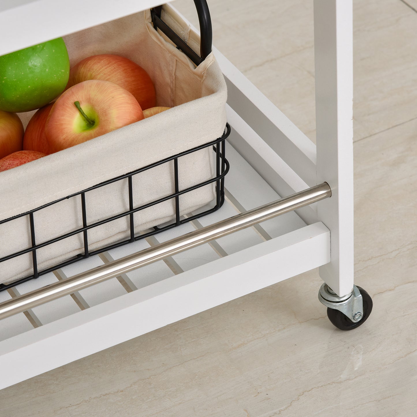 3-Tier Home Trolley Kitchen Storage Cart with Steel Bars & 4 Universal Wheels