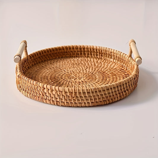 Handmade Rattan Tray – Round Woven Storage Basket with Handles for Tea, Fruit & Decor