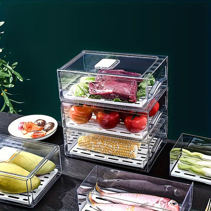 Stackable Refrigerator Organizer – Transparent PET Storage Drawer for Fruits, Vegetables, Meats, and Eggs