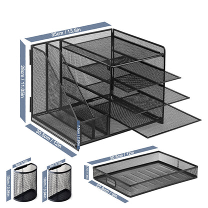 5-Tier Desk Organizer with Drawer & Pen Holders – Metal Mesh File Holder, Paper Letter Tray & Magazine Rack for Office Supplies