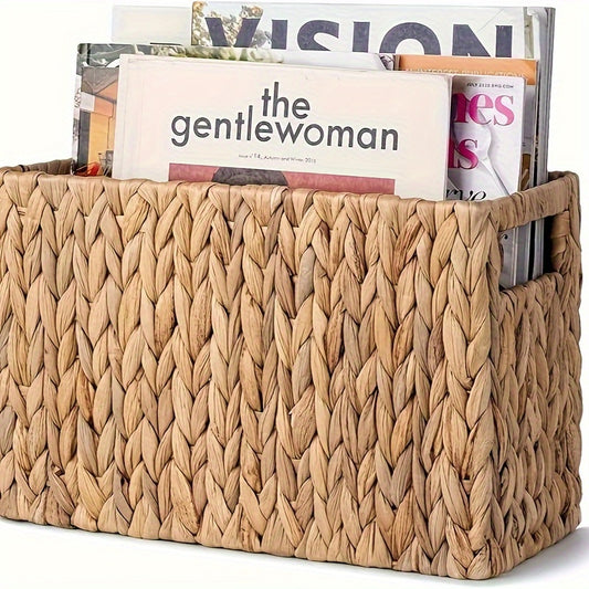 Hand-Woven Rattan Magazine Holder – Natural Water Hyacinth Wicker Basket for Magazines, Books, Mail, and Home Storage