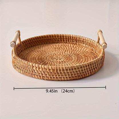 Handmade Rattan Tray – Round Woven Storage Basket with Handles for Tea, Fruit & Decor