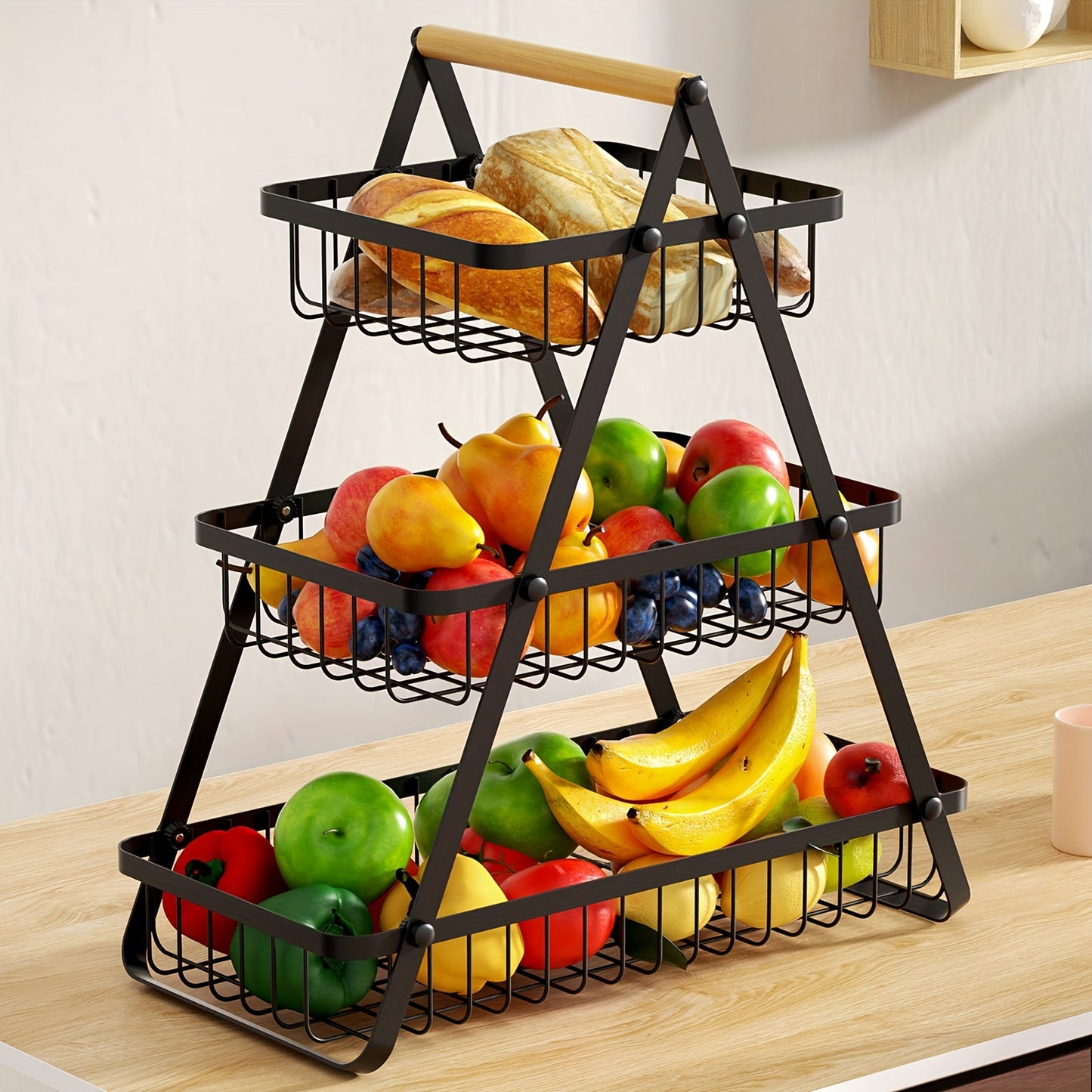 2/3 Tier Metal Wire Storage Basket – Countertop Organizer with Wooden Handle for Bathroom & Home