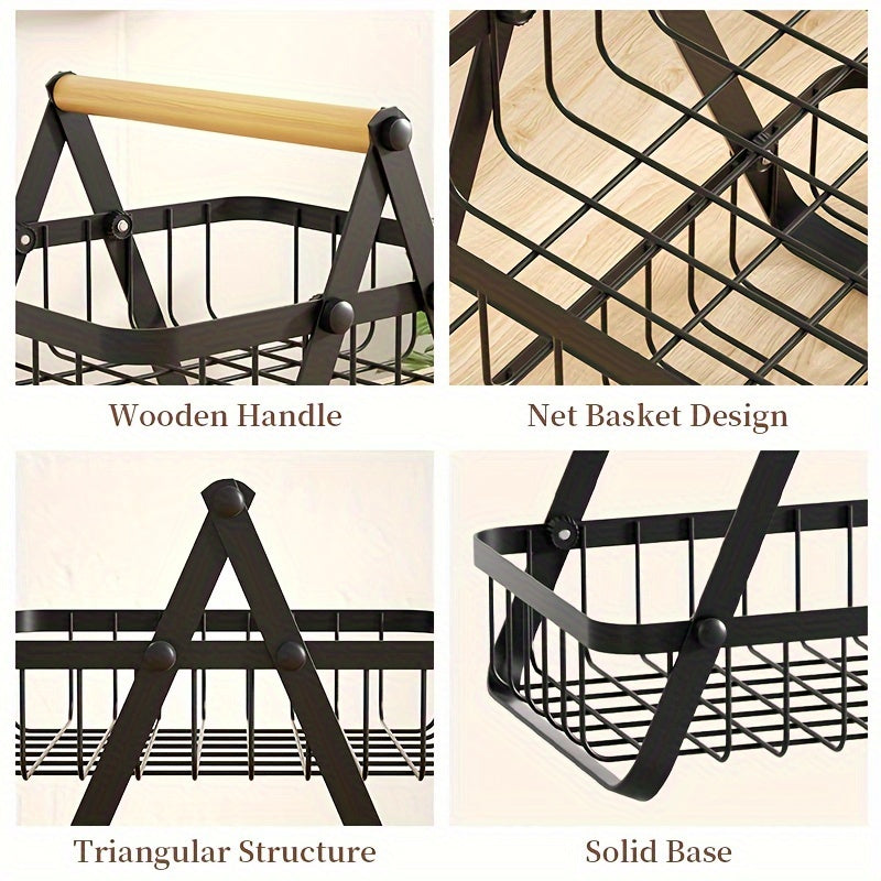2/3 Tier Metal Wire Storage Basket – Countertop Organizer with Wooden Handle for Bathroom & Home