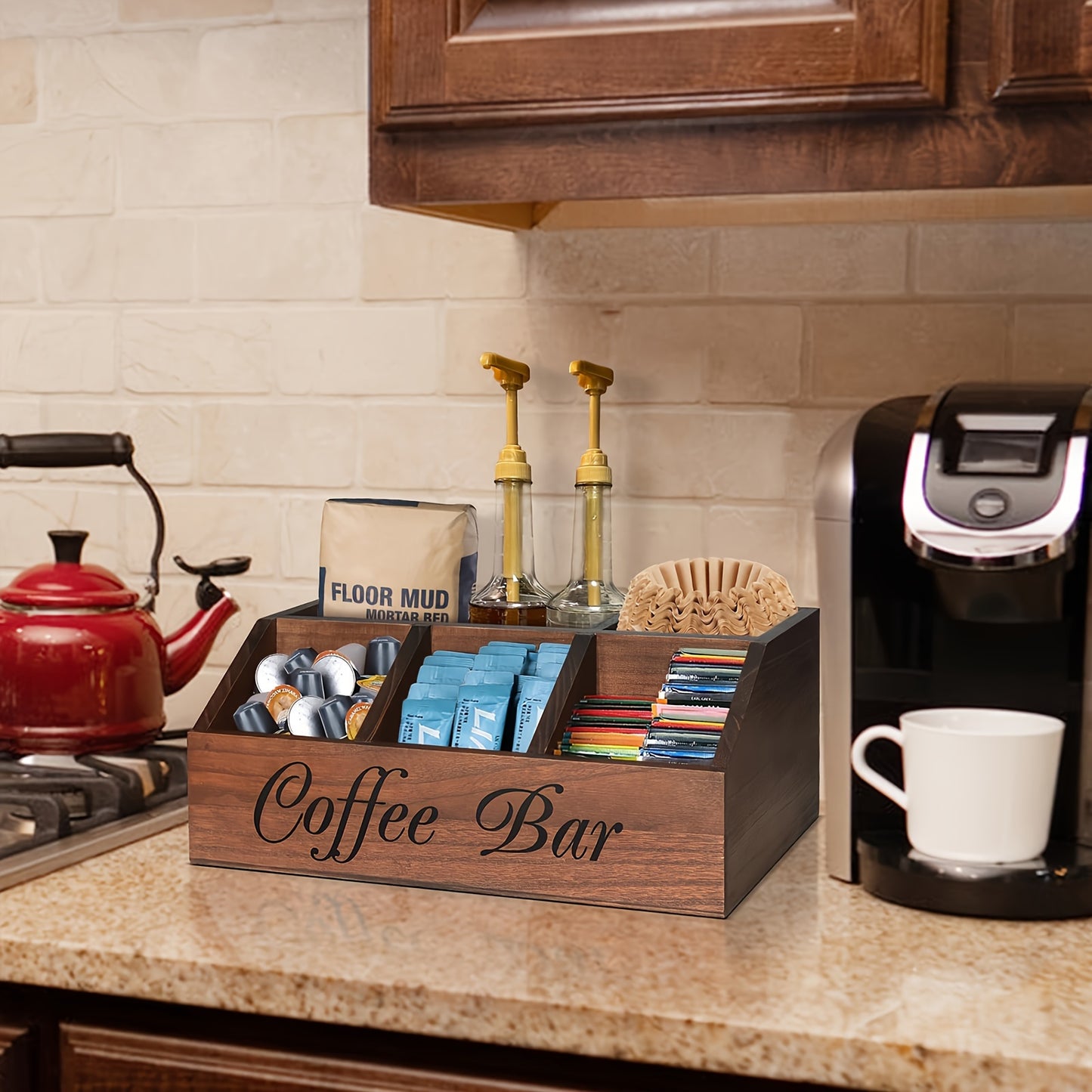 Rustic Wooden Coffee Pod Holder – Rectangular Storage Organizer for Coffee Accessories & Countertop Organization
