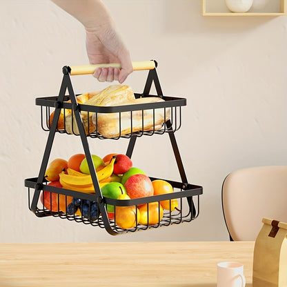 2/3 Tier Metal Wire Storage Basket – Countertop Organizer with Wooden Handle for Bathroom & Home