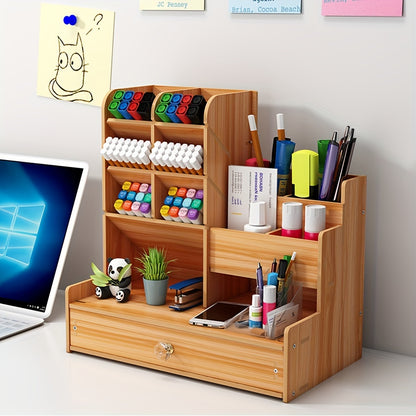 Wooden Pen and Pencil Holder – Office Desk Organizer with Drawer