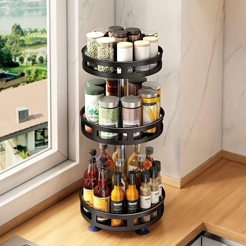 1pc 360° Rotating Spice Rack – Countertop 3 Tier Round Metal Turntable Organizer for Kitchen & Dining