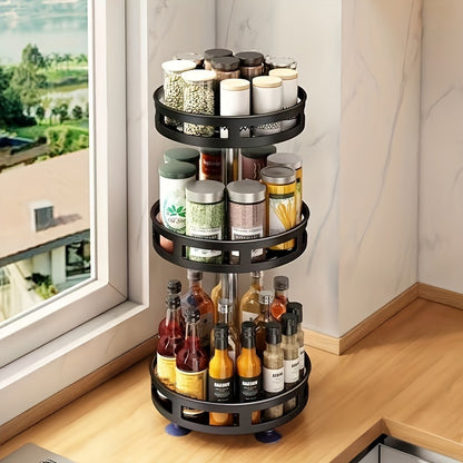 1pc 360° Rotating Spice Rack – Countertop 3 Tier Round Metal Turntable Organizer for Kitchen & Dining