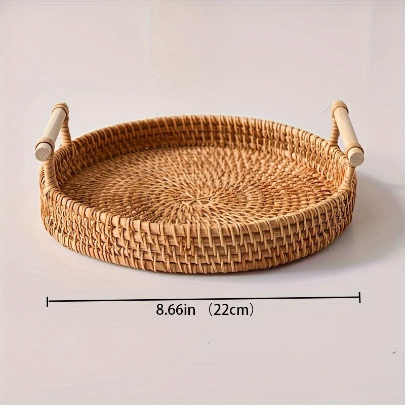 Handmade Rattan Tray – Round Woven Storage Basket with Handles for Tea, Fruit & Decor