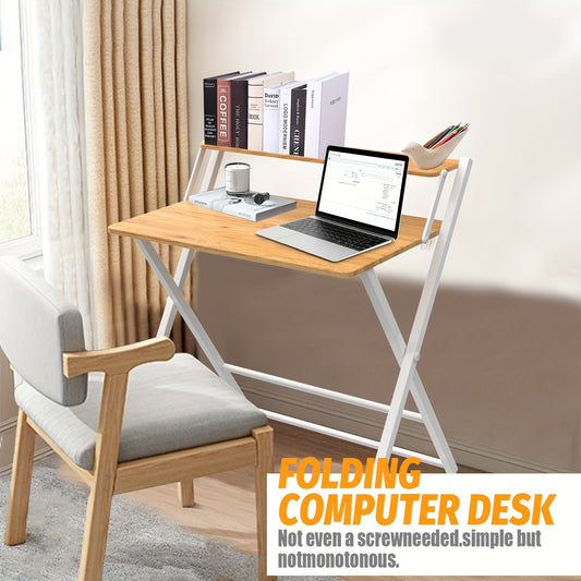 Space-Saving 2-Tier Folding Desk with Shelf – Portable Laptop & Study Table, Modern Wood Finish, No Assembly