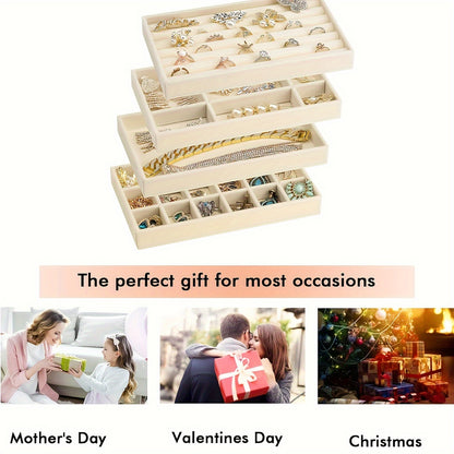 4pcs Velvet Jewelry Storage Rack – Multi-Grid Display Boards for Rings, Earrings & Accessories