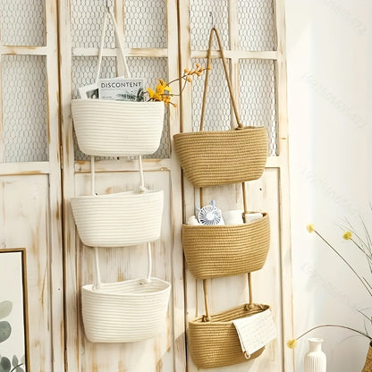 1pc 2/3-Tier Rope Woven Hanging Basket – Detachable Decorative Organizer for Living Room, Bathroom & Bedroom