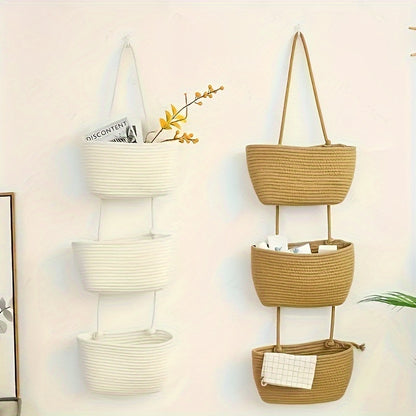 1pc 2/3-Tier Rope Woven Hanging Basket – Detachable Decorative Organizer for Living Room, Bathroom & Bedroom
