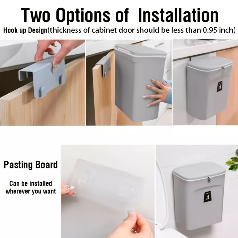 Under Cabinet Door Hanging Trash Can with Lid – No Drill Kitchen Waste Bin, Space-Saving Cabinet Organizer for Food Scraps & Utensils