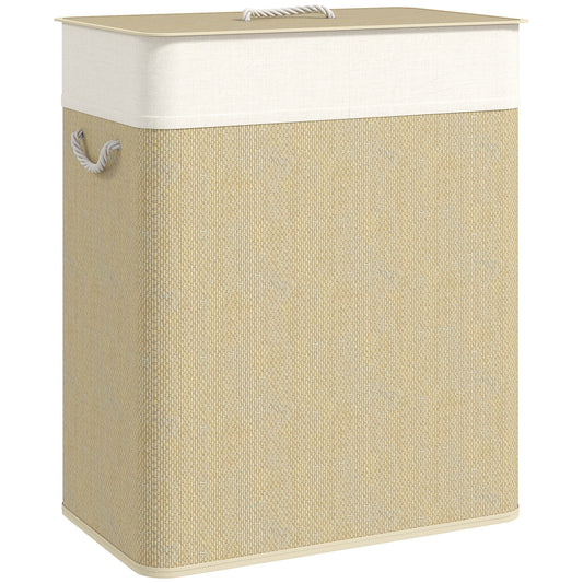 Double Laundry Basket with Lid, 100L Bamboo Laundry Hamper with Rope Handles, Washing Basket with Removable Liner for Bathroom, Bedroom, Cream White