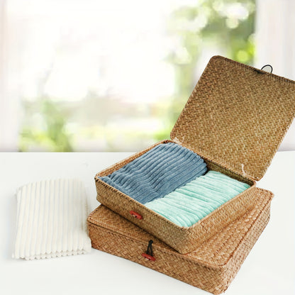 2pcs Boho Seagrass Wicker Storage Bins with Lids – Natural Multipurpose Organizer Boxes for Shelf & Home Storage