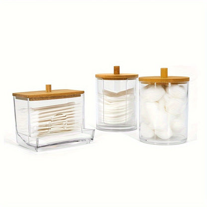 Clear Acrylic Makeup Organizer – 1/2/3pcs Cosmetic Storage Box with Swab Holder & Makeup Pads Jar for Home Organization