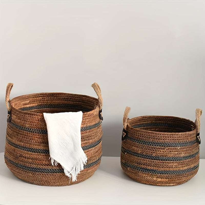 Bohemian Woven Banana Rope Storage Basket – Large Capacity Organizer Bin with Handles for Living Room & Balcony
