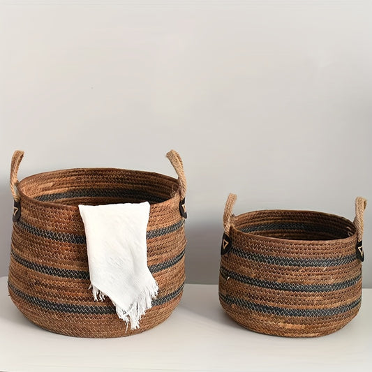 Bohemian Woven Banana Rope Storage Basket – Large Capacity Organizer Bin with Handles for Living Room & Balcony