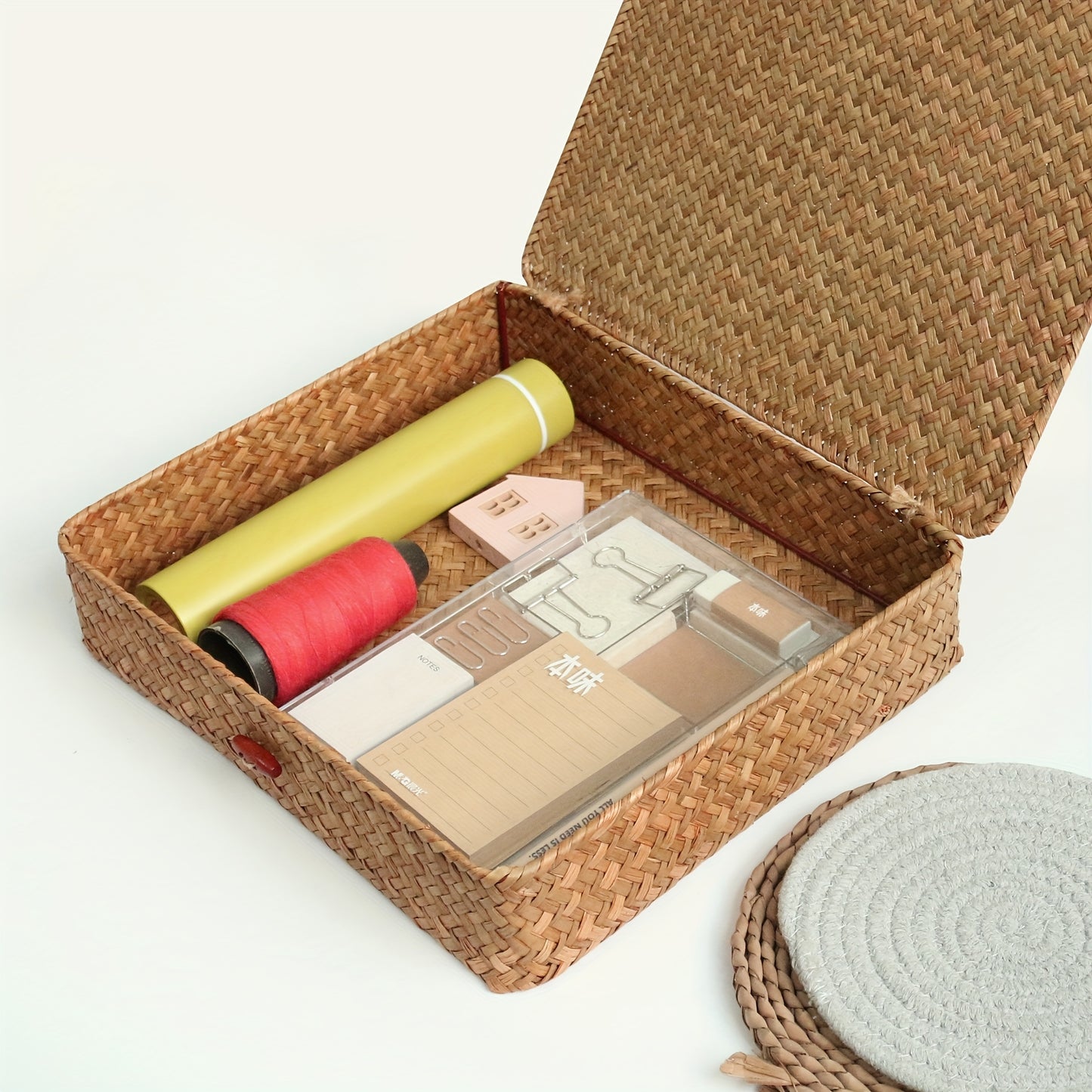 2pcs Boho Seagrass Wicker Storage Bins with Lids – Natural Multipurpose Organizer Boxes for Shelf & Home Storage