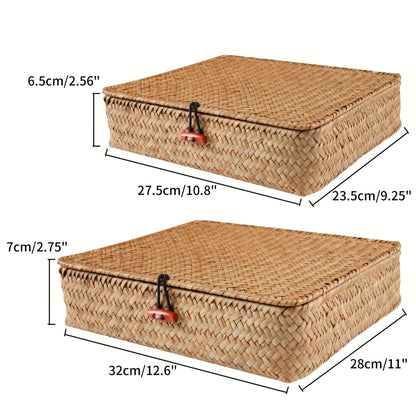 2pcs Boho Seagrass Wicker Storage Bins with Lids – Natural Multipurpose Organizer Boxes for Shelf & Home Storage