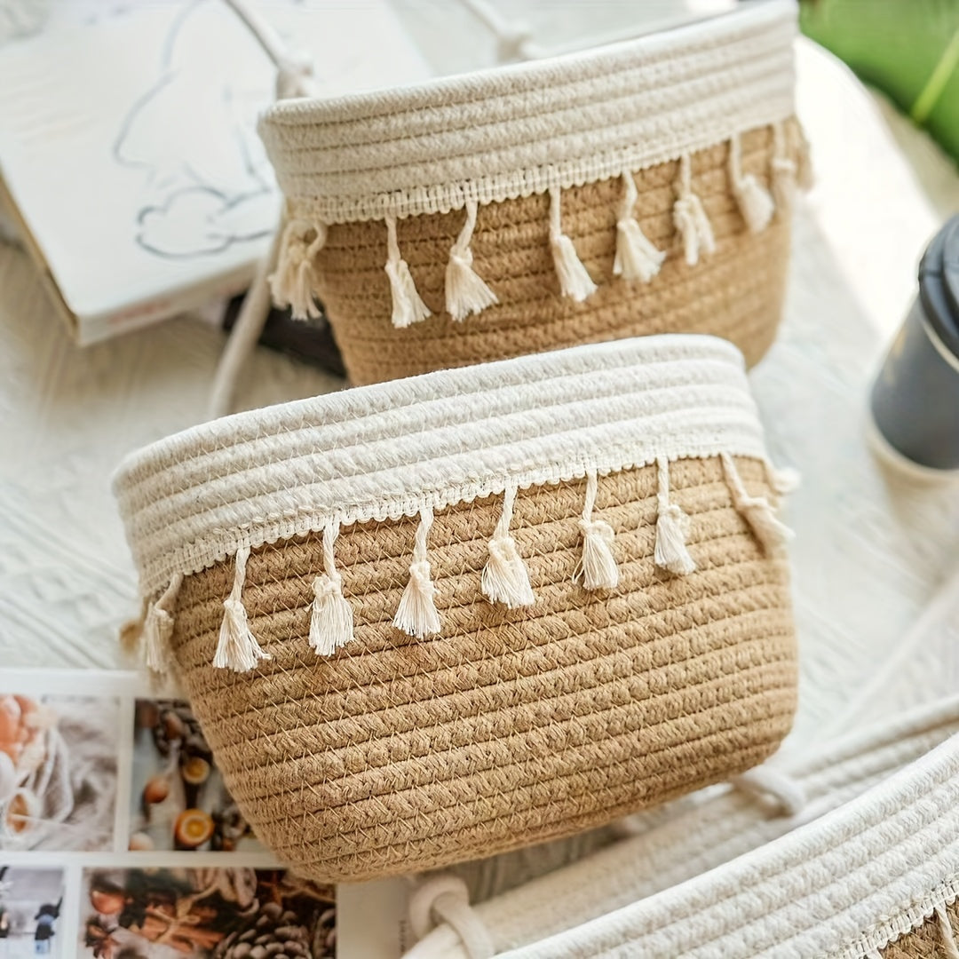 Boho Chic 3-Tier Tassel Hanging Storage Basket – Wall Organizer