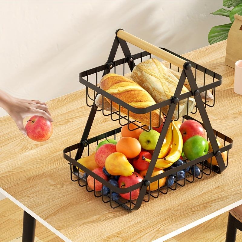 2/3 Tier Metal Wire Storage Basket – Countertop Organizer with Wooden Handle for Bathroom & Home