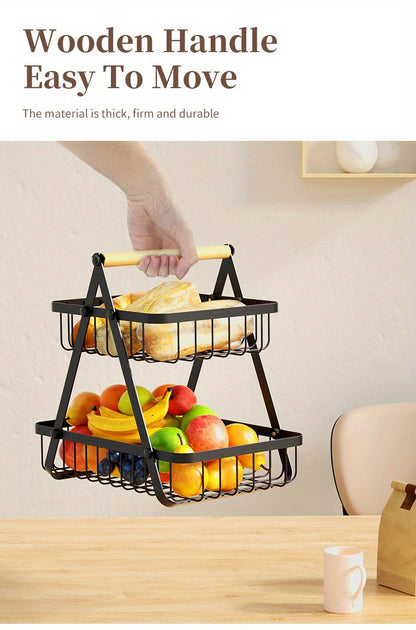 2/3 Tier Metal Wire Storage Basket – Countertop Organizer with Wooden Handle for Bathroom & Home