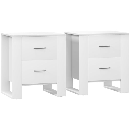 Bedside Table Set of 2 with 2 Drawers, Nightstands with Handles and Elevated Base, Side Tables for Bedroom, Living Room, White