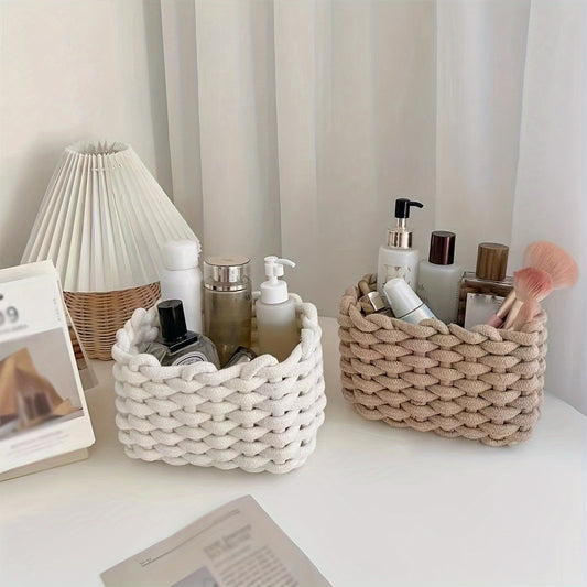 Woven Cosmetic Storage Basket – Portable Cotton Rope Organizer for Makeup, Desktop, and Home
