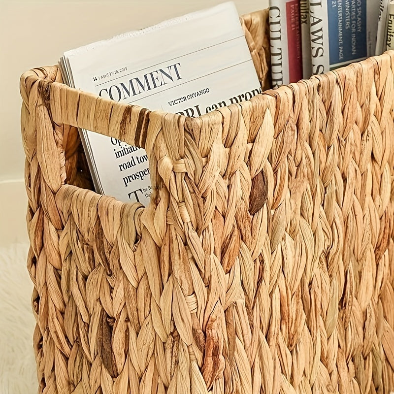 Hand-Woven Rattan Magazine Holder – Natural Water Hyacinth Wicker Basket for Magazines, Books, Mail, and Home Storage