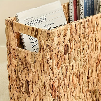 Hand-Woven Rattan Magazine Holder – Natural Water Hyacinth Wicker Basket for Magazines, Books, Mail, and Home Storage