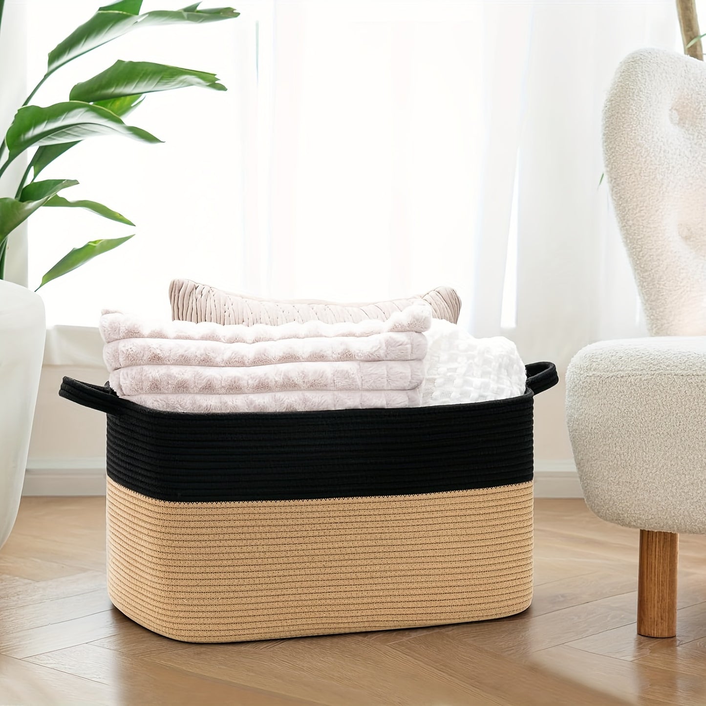 Large Woven Rope Storage Basket – 55L Laundry Hamper, Toy Bin & Home Organizer with Handles