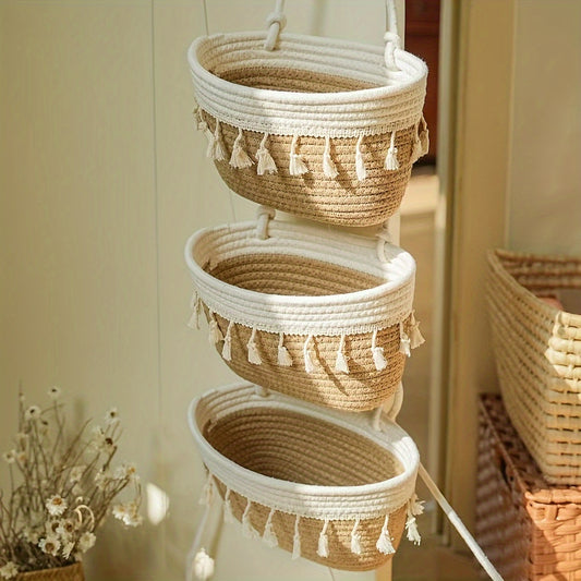 Boho Chic 3-Tier Tassel Hanging Storage Basket – Wall Organizer