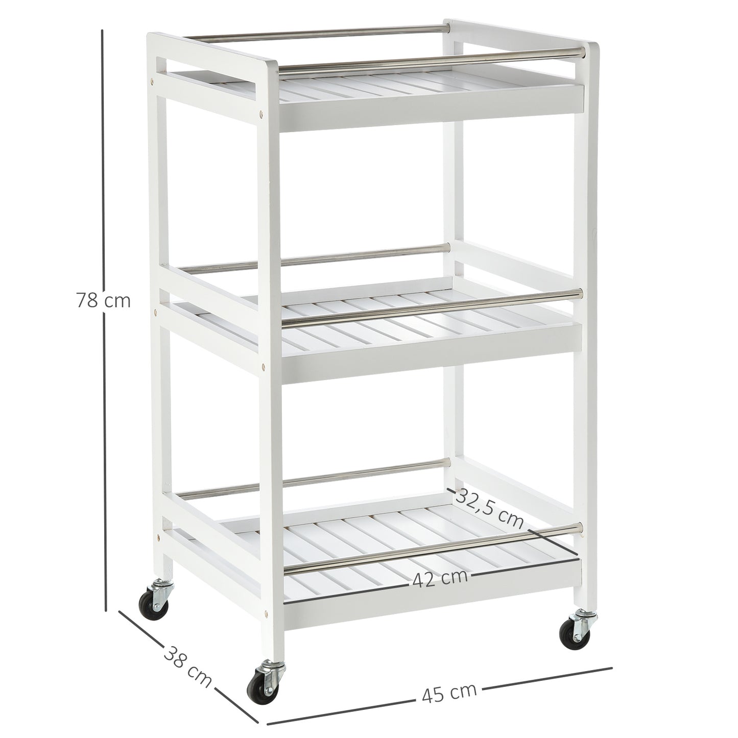 3-Tier Home Trolley Kitchen Storage Cart with Steel Bars & 4 Universal Wheels