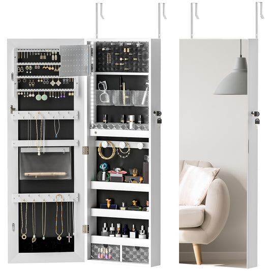108 x 37cm Lockable Jewellery Cabinet, with LED Lights- White Surface and Black Lining