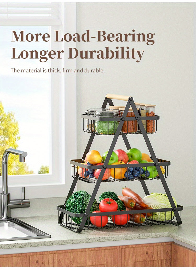 2/3 Tier Metal Wire Storage Basket – Countertop Organizer with Wooden Handle for Bathroom & Home