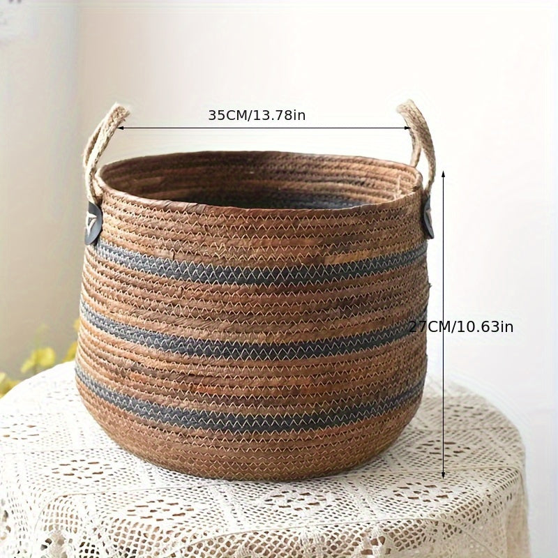 Bohemian Woven Banana Rope Storage Basket – Large Capacity Organizer Bin with Handles for Living Room & Balcony
