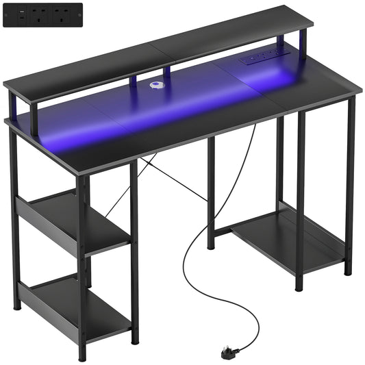 LED Computer Desk, with Power Outlets and Shelves- Carbon Fibre Grey