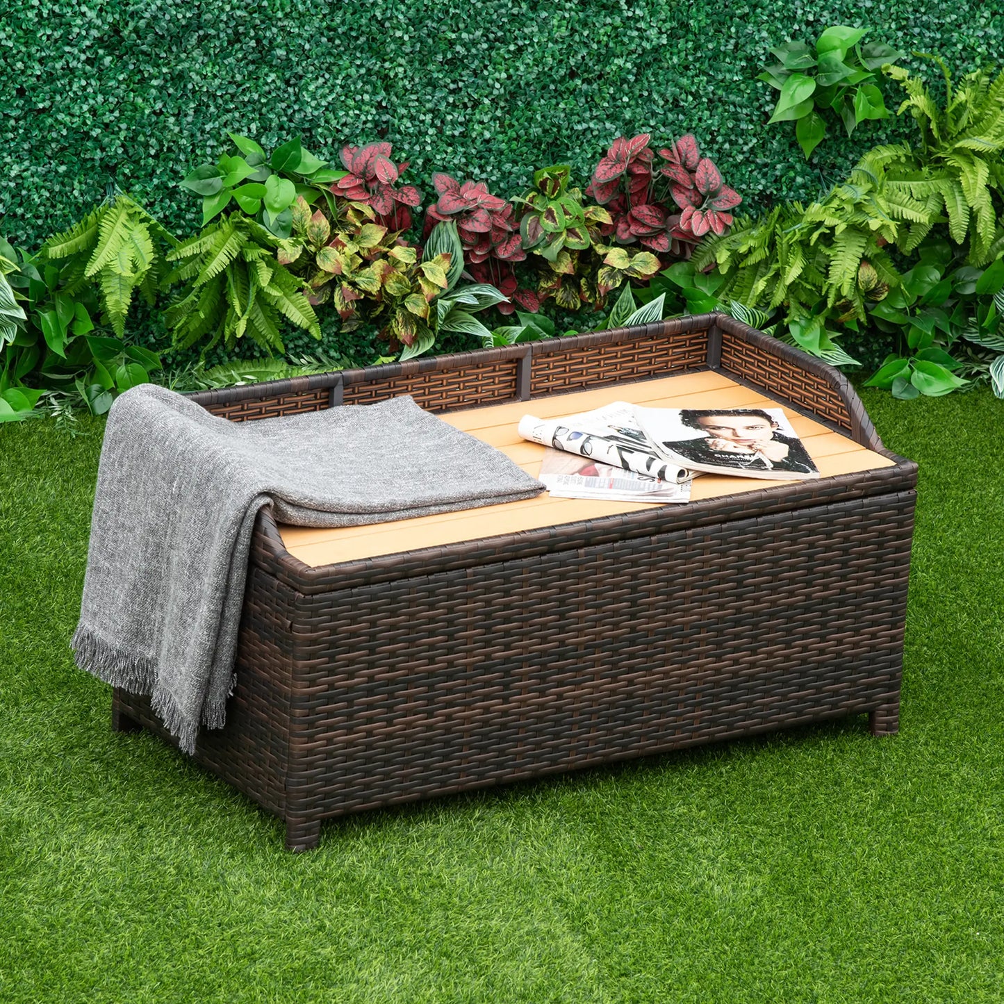 130L Rattan Garden Storage Box, with Seat - Mixed Brown