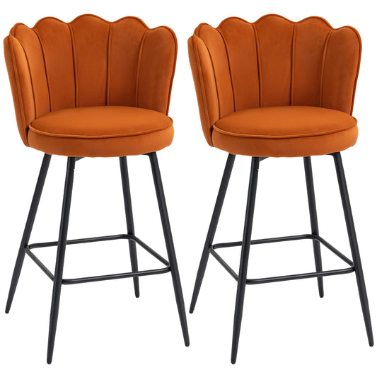 Set of Two Velvet-Feel Lotus Bar Stools- Orange