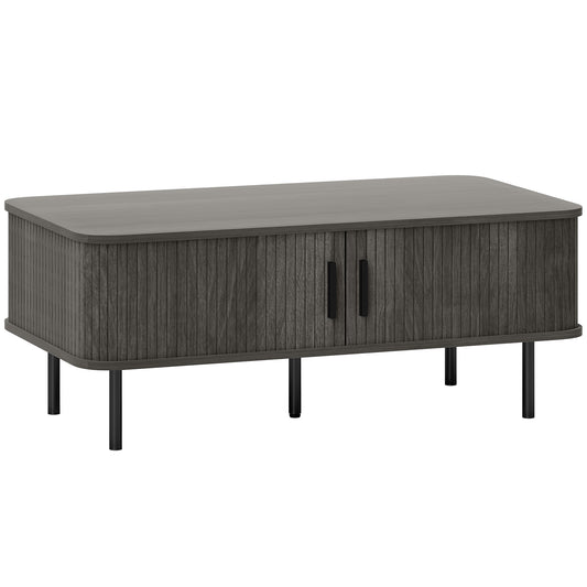 Coffee Table  with Slatted Tambour Sliding Doors and Foot Pads, Grey Wood-Effect