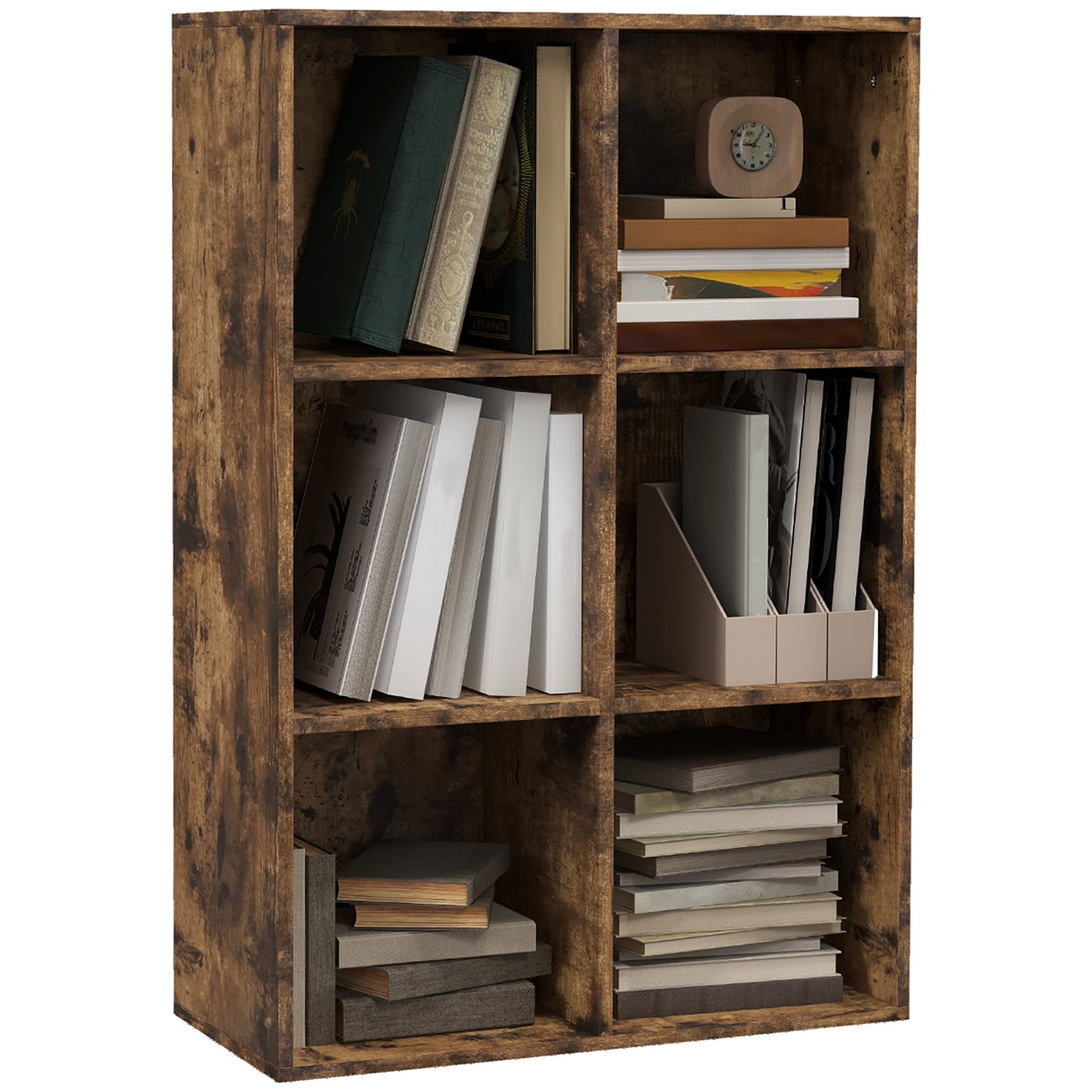 Six-Cube Bookcase- Rustic Brown Wood Effect