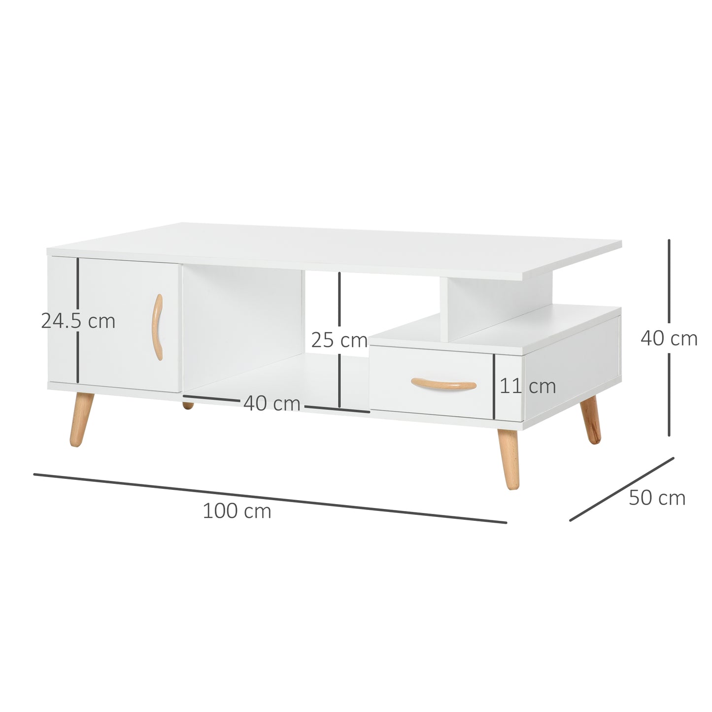 Modern White Cocktail Coffee Table with Storage – 2-Tier Living Room Table with Drawer, Cabinet & Shelf