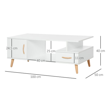 Modern White Cocktail Coffee Table with Storage – 2-Tier Living Room Table with Drawer, Cabinet & Shelf